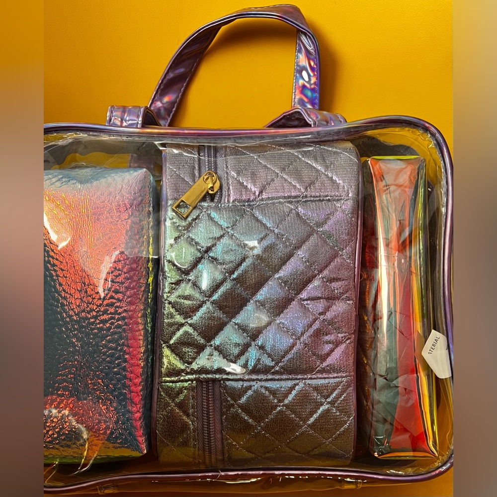 COSMETIC BAG zipper case set 4 pc satchel plus zip top bags iridescent combo NEW - Picture 7 of 9